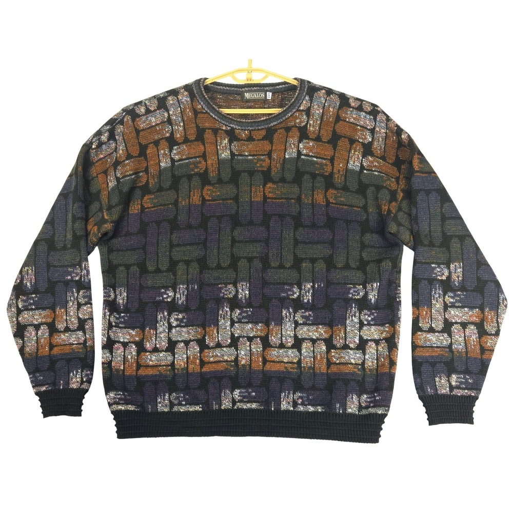 Megalos Mens‎ 2XLT Vintage Basketweave Knit Sweater Multi Color USA Acrylic